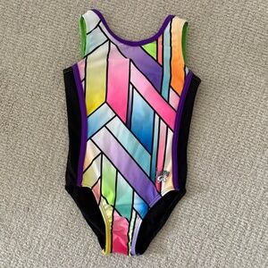 GK Elite Girls Sz 8-9 years Leotard Simone Biles Stained Glass Leo